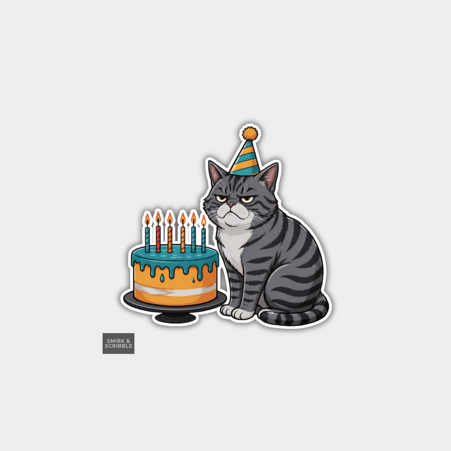Funny Character Vinyl Sticker - Birthday Cake Cat