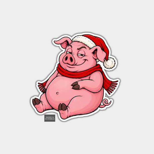 Funny Christmas Sticker - Cheeky Pig With Scarf & Hat