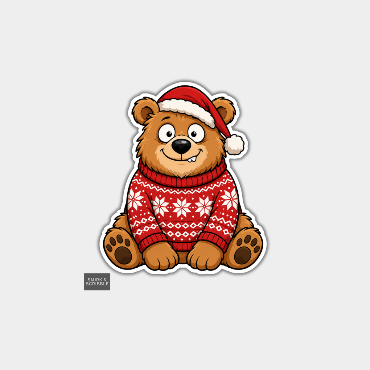 Funny Christmas Sticker - Weird Happy Bear in Santa Hat