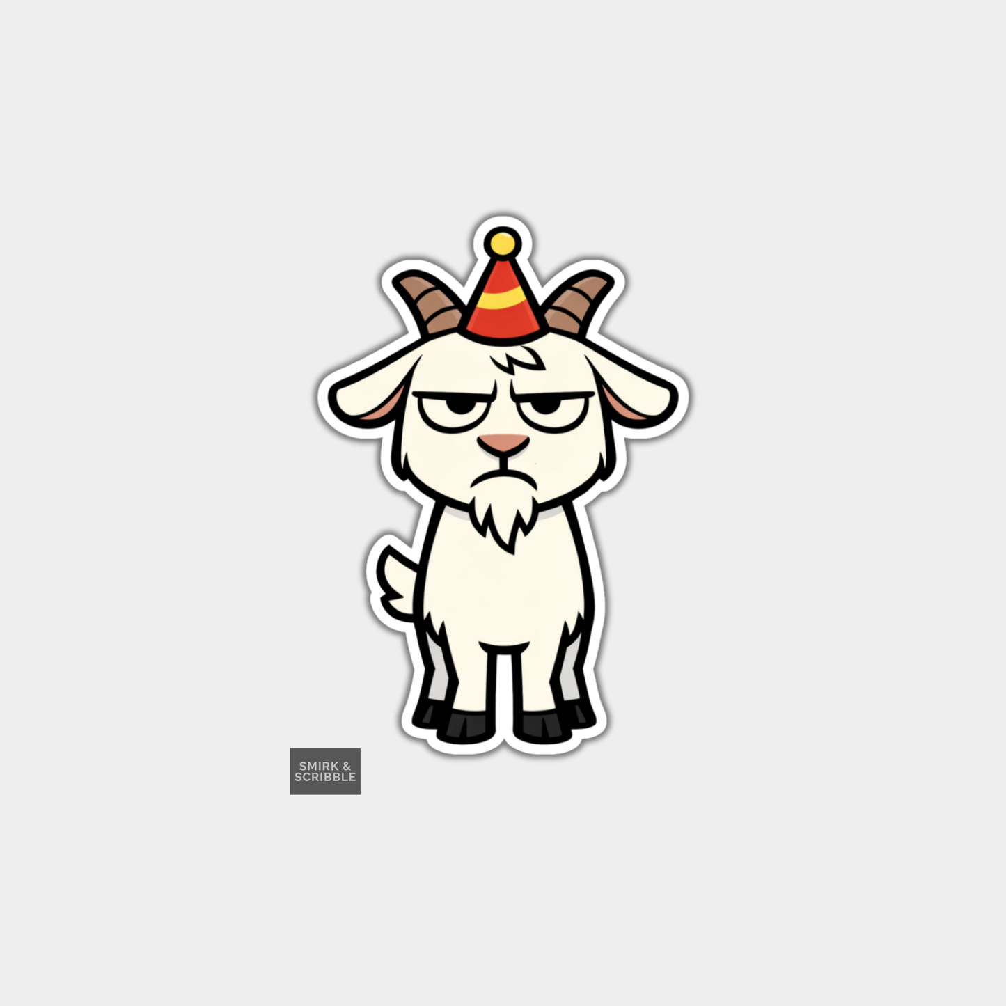 Cartoon goat wearing a party hat on a light gray background