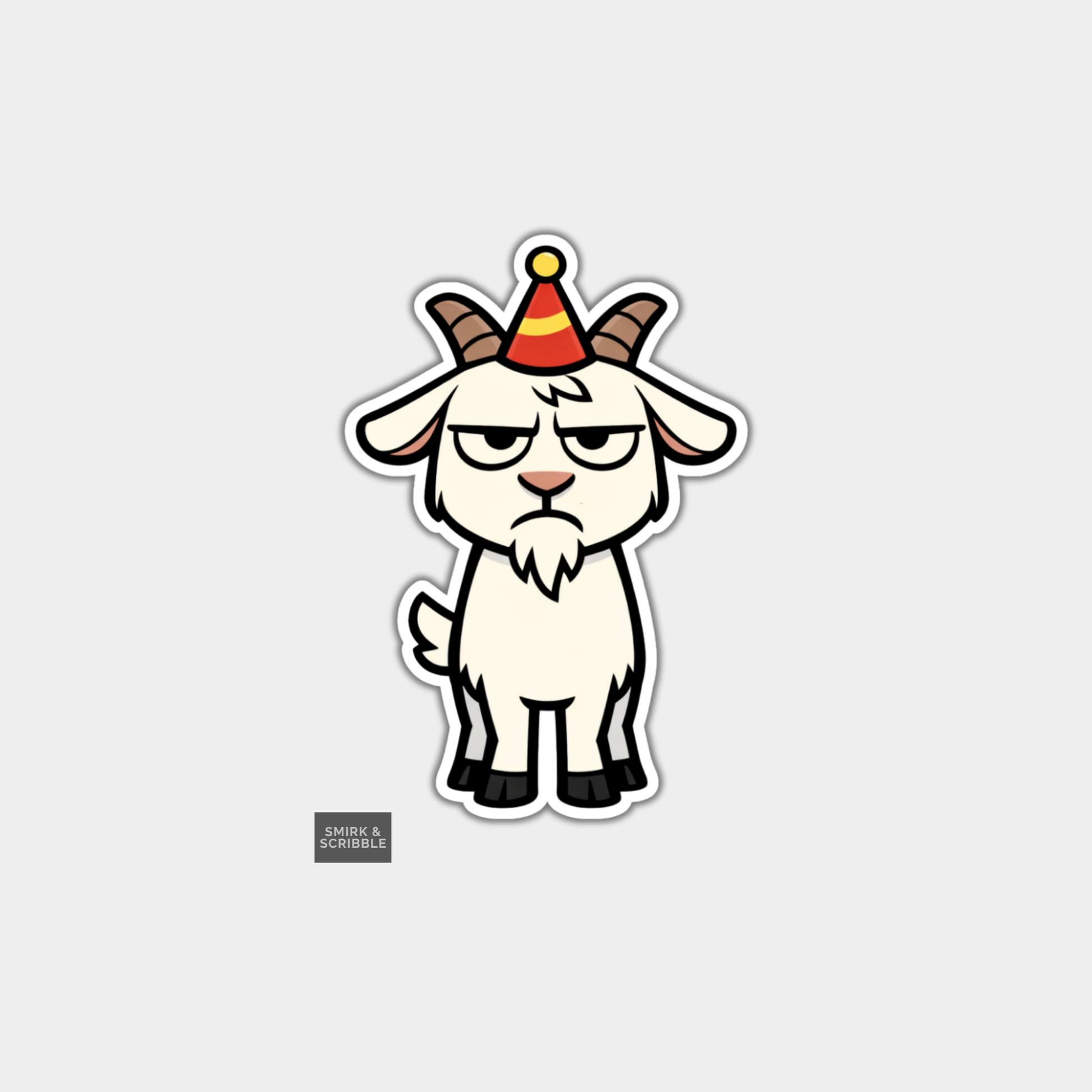 Cartoon goat wearing a party hat on a light gray background