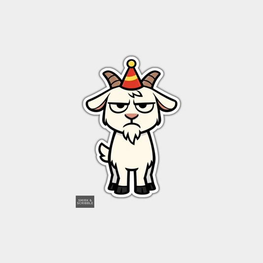 Cartoon goat wearing a party hat on a light gray background