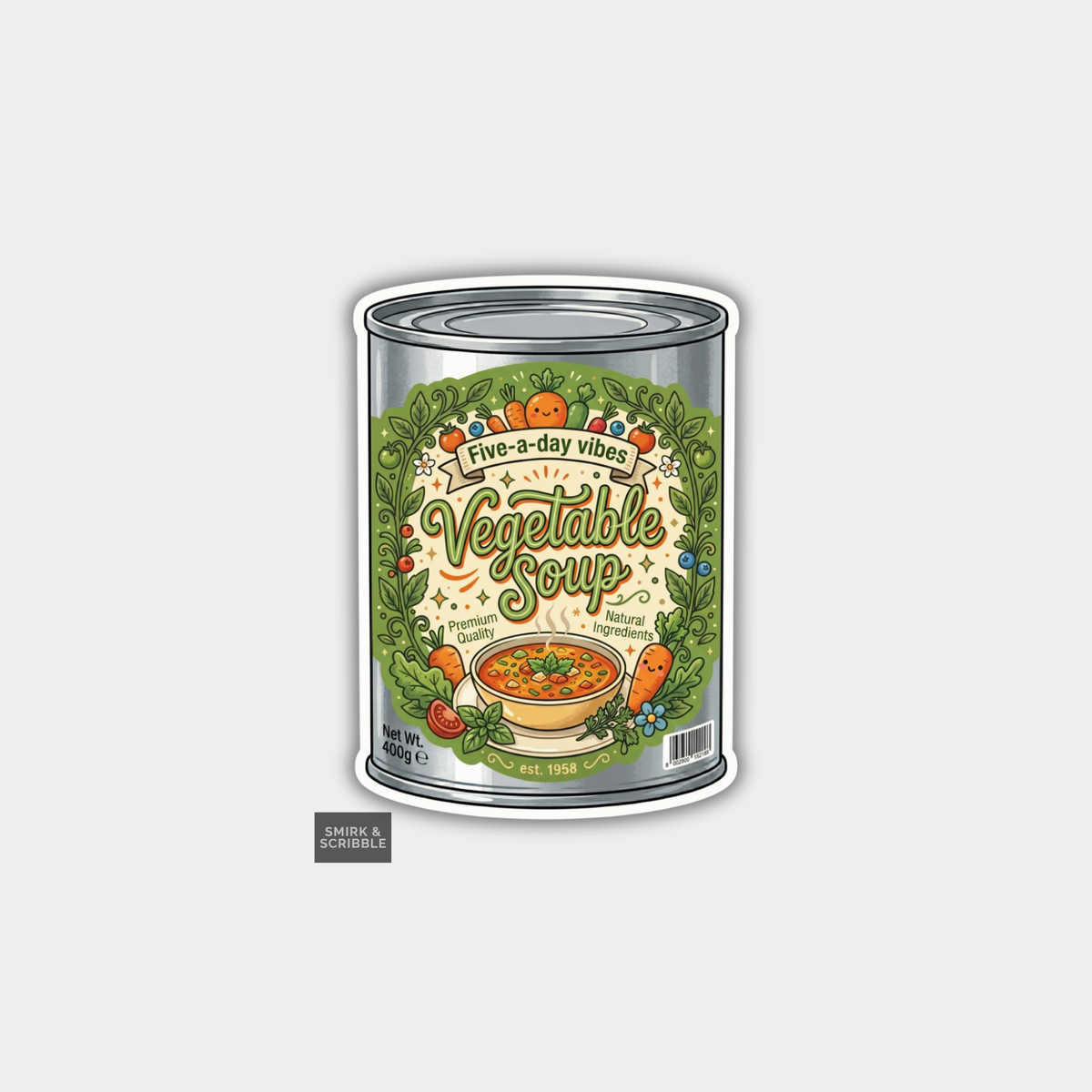 Can of vegetable soup with decorative label on a white background