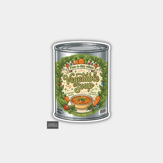 Can of vegetable soup with decorative label on a white background
