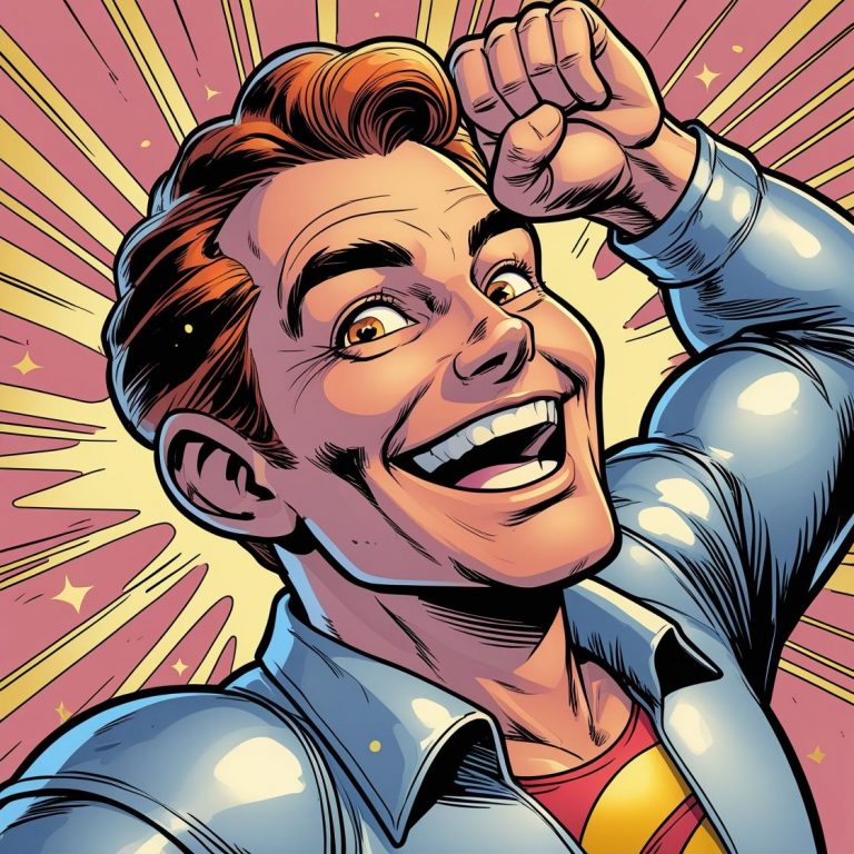 cartoon style comic style character picture of an adult celebrating looking happy