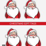 Santa Christmas gift tags on a sheet with cheerful Santa illustrations.