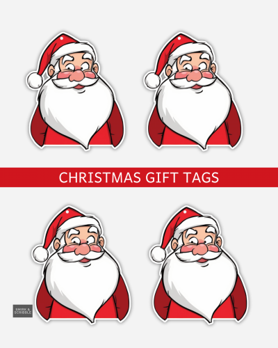 Santa Christmas gift tags on a sheet with cheerful Santa illustrations.