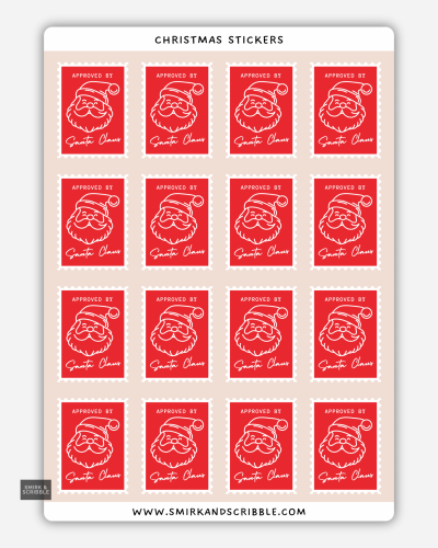 Santa Christmas stamp stickers on a sheet with red “Approved by Santa” designs.