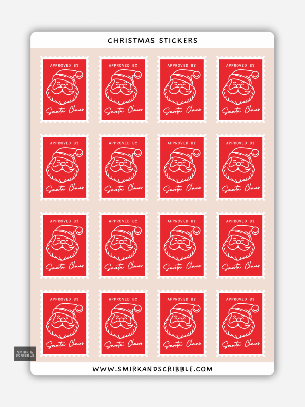 Santa Christmas stamp stickers on a sheet with red “Approved by Santa” designs.