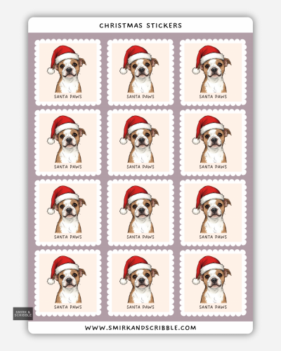 Santa Paws Christmas dog stickers on a sheet with illustrated dog wearing a Santa hat.