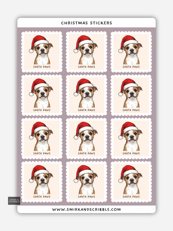 Santa Paws Christmas dog stickers on a sheet with illustrated dog wearing a Santa hat.