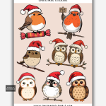 Christmas bird stickers on a sheet with robins, owls, and small birds wearing Santa hats.