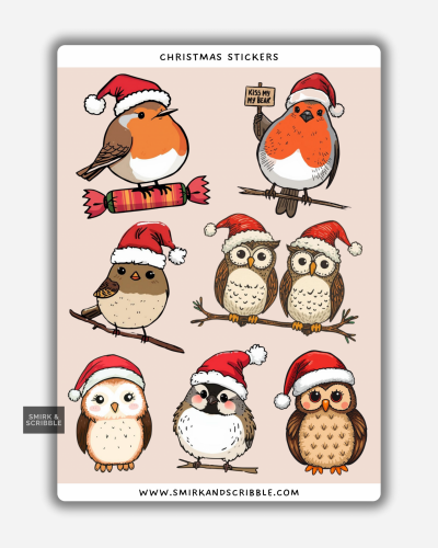 Christmas bird stickers on a sheet with robins, owls, and small birds wearing Santa hats.