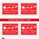 Red Christmas Delivery gift tags with Santa and reindeer design.
