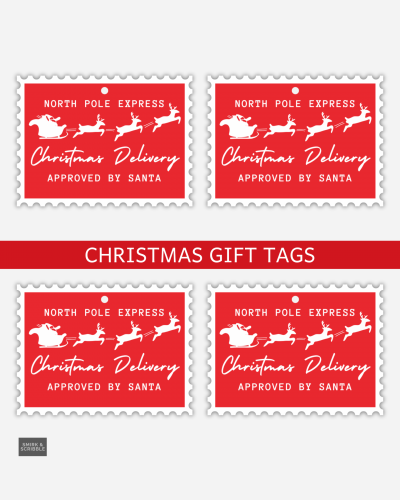 Red Christmas Delivery gift tags with Santa and reindeer design.