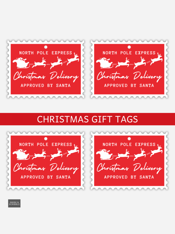 Red Christmas Delivery gift tags with Santa and reindeer design.