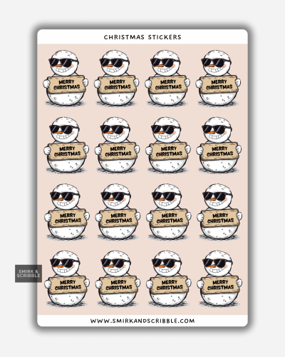 Cool snowman Christmas stickers on a sheet with snowmen wearing sunglasses and holding a Merry Christmas sign.