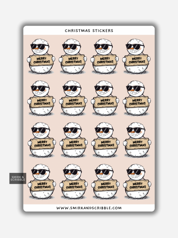 Cool snowman Christmas stickers on a sheet with snowmen wearing sunglasses and holding a Merry Christmas sign.