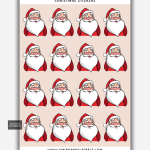 Santa Face Christmas stickers on a sheet with cheerful Santa illustrations.