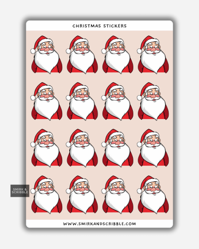 Santa Face Christmas stickers on a sheet with cheerful Santa illustrations.