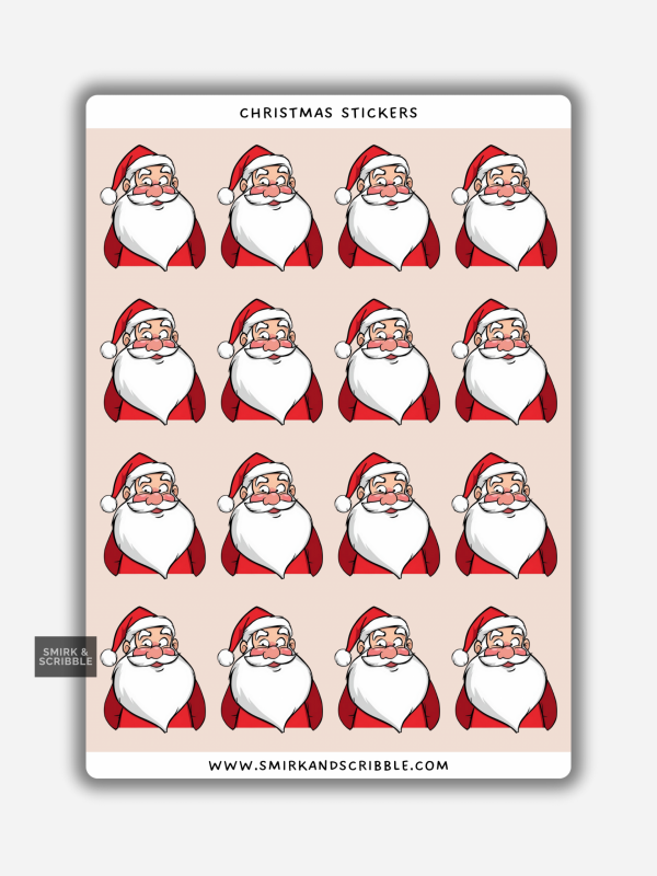 Santa Face Christmas stickers on a sheet with cheerful Santa illustrations.