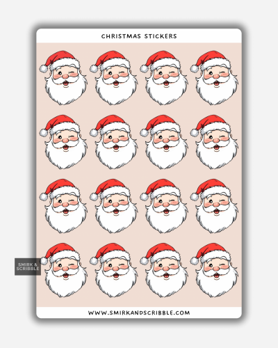 Winking Santa Christmas stickers on a sheet with cheerful Santa faces wearing red hats.