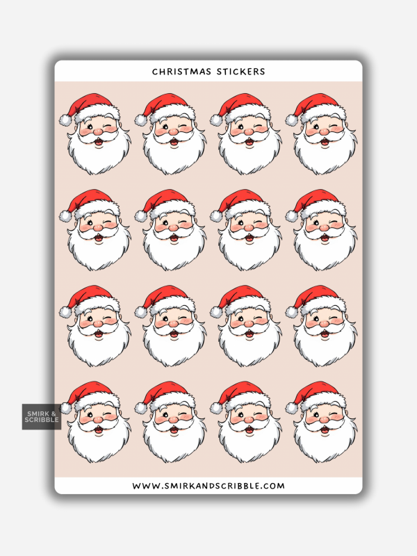 Winking Santa Christmas stickers on a sheet with cheerful Santa faces wearing red hats.