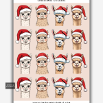 Christmas llama stickers on a sheet with llamas wearing Santa hats.