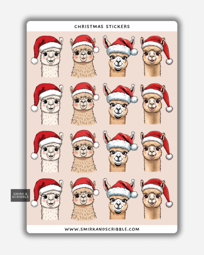 Christmas llama stickers on a sheet with llamas wearing Santa hats.