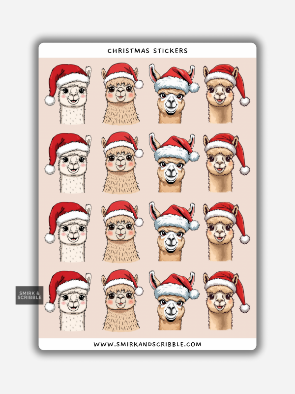 Christmas llama stickers on a sheet with llamas wearing Santa hats.