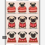 Christmas pug stickers on a sheet with pugs wearing festive jumpers.