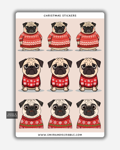 Christmas pug stickers on a sheet with pugs wearing festive jumpers.