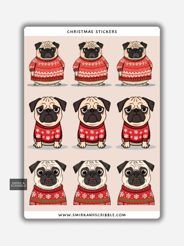 Christmas pug stickers on a sheet with pugs wearing festive jumpers.