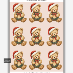 Christmas teddy bear stickers on a sheet with teddy bears wearing Santa hats.