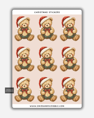 Christmas teddy bear stickers on a sheet with teddy bears wearing Santa hats.