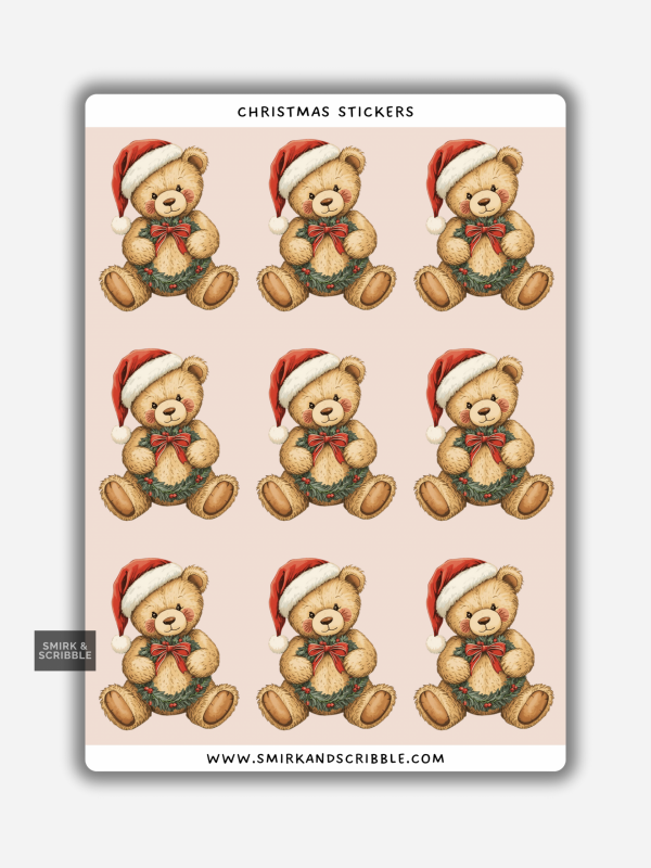 Christmas teddy bear stickers on a sheet with teddy bears wearing Santa hats.