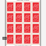 Santa Claus stamp stickers on a sheet with red backgrounds and white line art Santa faces.