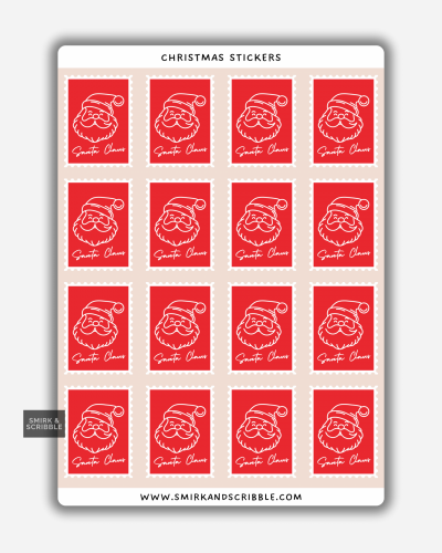 Santa Claus stamp stickers on a sheet with red backgrounds and white line art Santa faces.