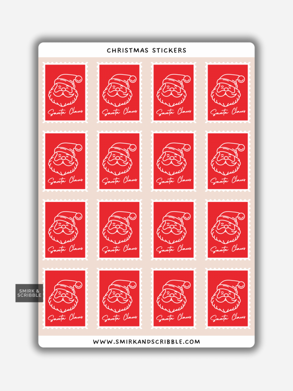 Santa Claus stamp stickers on a sheet with red backgrounds and white line art Santa faces.