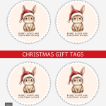 Bunny Kisses Christmas gift tags on a sheet with a bunny wearing a Santa hat.