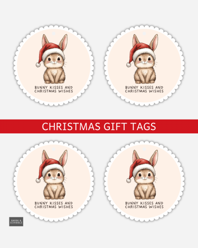 Bunny Kisses Christmas gift tags on a sheet with a bunny wearing a Santa hat.
