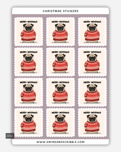 Merry Woofmas pug Christmas stickers on a sheet with a pug in a red Christmas jumper.