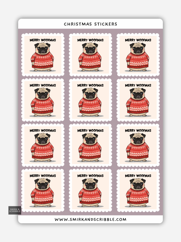 Merry Woofmas pug Christmas stickers on a sheet with a pug in a red Christmas jumper.