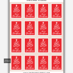Merry Christmas tree stamp stickers on a sheet with white line-art trees on red backgrounds.