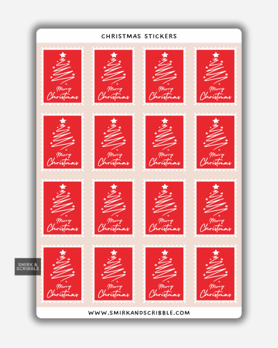 Merry Christmas tree stamp stickers on a sheet with white line-art trees on red backgrounds.