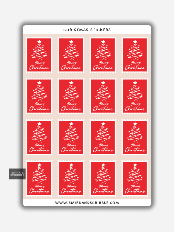 Merry Christmas tree stamp stickers on a sheet with white line-art trees on red backgrounds.