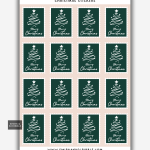 Green Merry Christmas tree stamp stickers on a sheet with white line-art trees on dark green backgrounds.