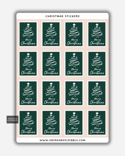 Green Merry Christmas tree stamp stickers on a sheet with white line-art trees on dark green backgrounds.