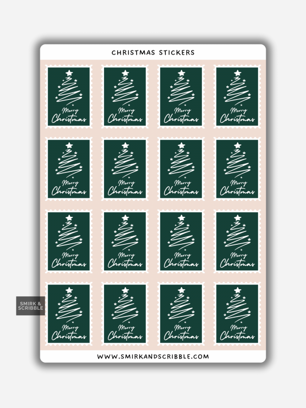 Green Merry Christmas tree stamp stickers on a sheet with white line-art trees on dark green backgrounds.