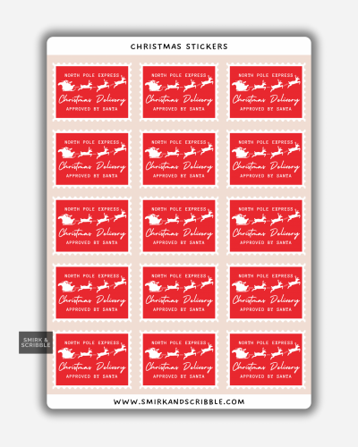 North Pole Express Christmas Delivery stickers on a sheet with Santa’s sleigh and reindeer on red backgrounds.
